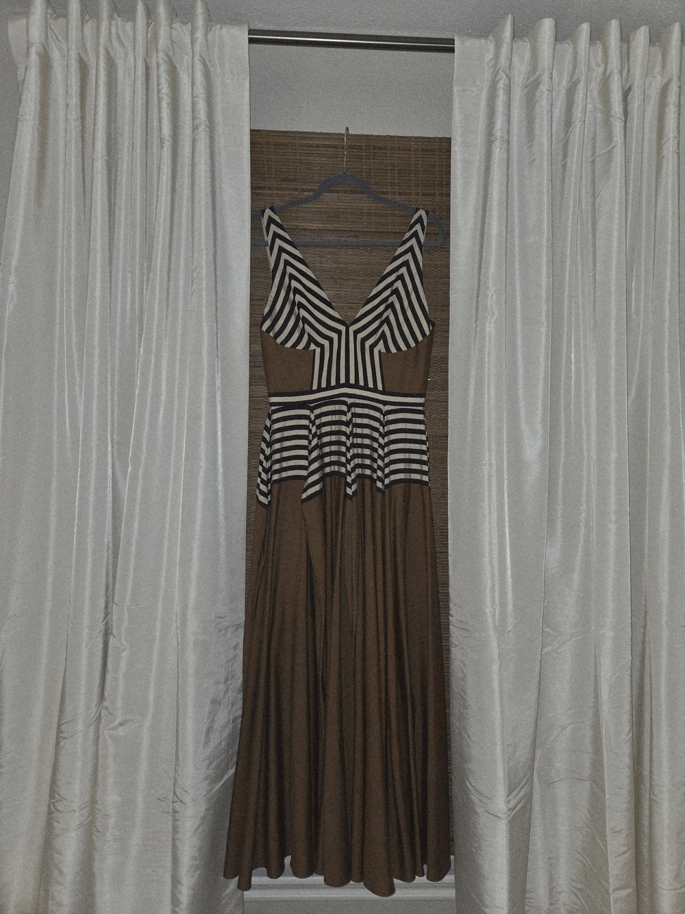 ANTONIO MELANI Brown Maxi Dress with Black & White Striped Bodice